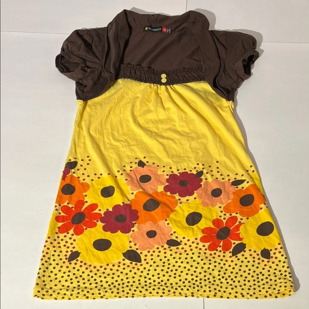 SUNDANCE RARE Y2K BABYDOLL TEE TUNIC RETRO FLORAL SZ MEDIUM BOLERO BROWN YELLOW
